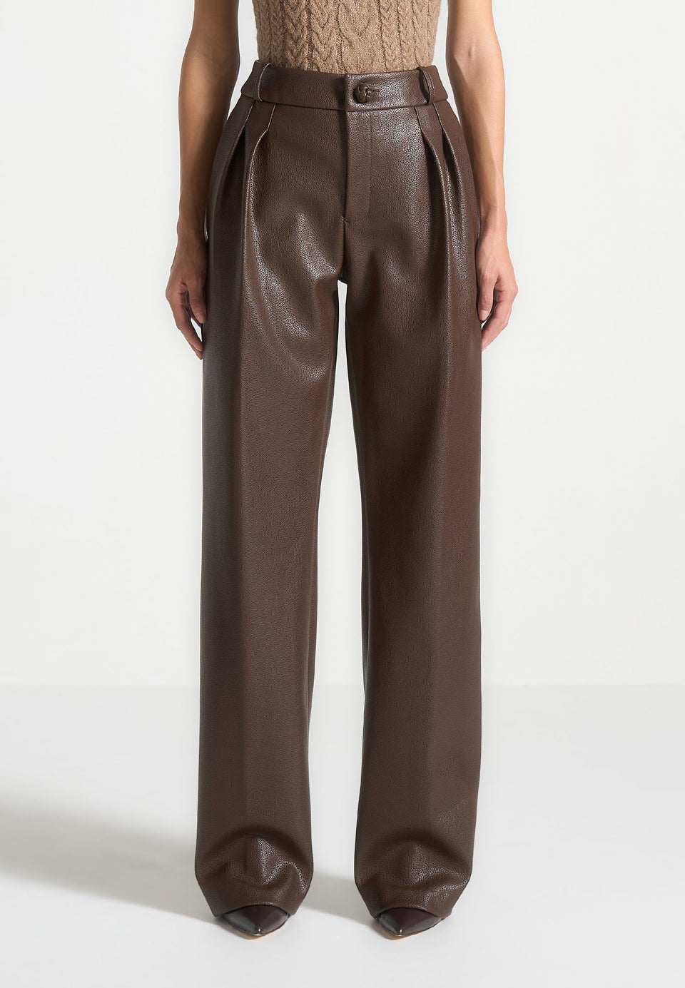 olivia-pebbled-leather-pleated-stacked-trousers-brown