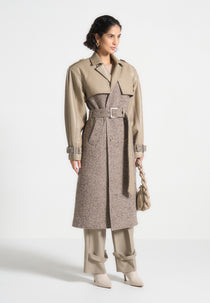 Carina - Herringbone Wool & Leather Trench Coat - Taupe