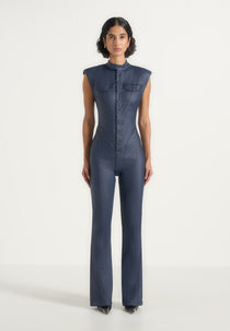 Annette - Wax Coated Denim Jumpsuit - Indigo
