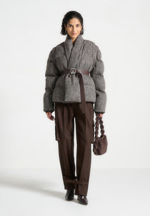 Inez - Herringbone Wool Wrap Belted Puffer Jacket - Brown