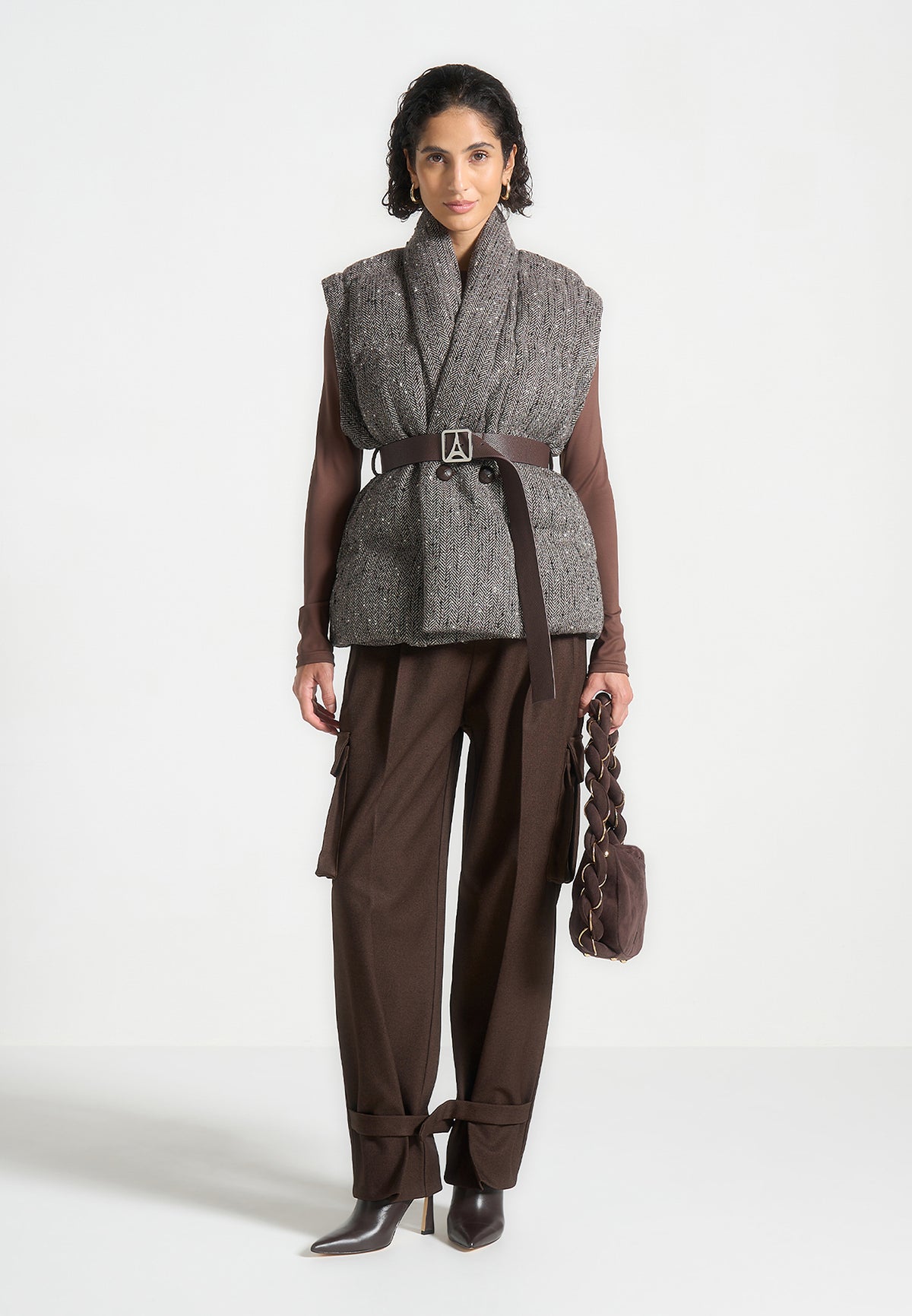 Taya - Herringbone Wool Wrap Belted Puffer Jacket - Brown