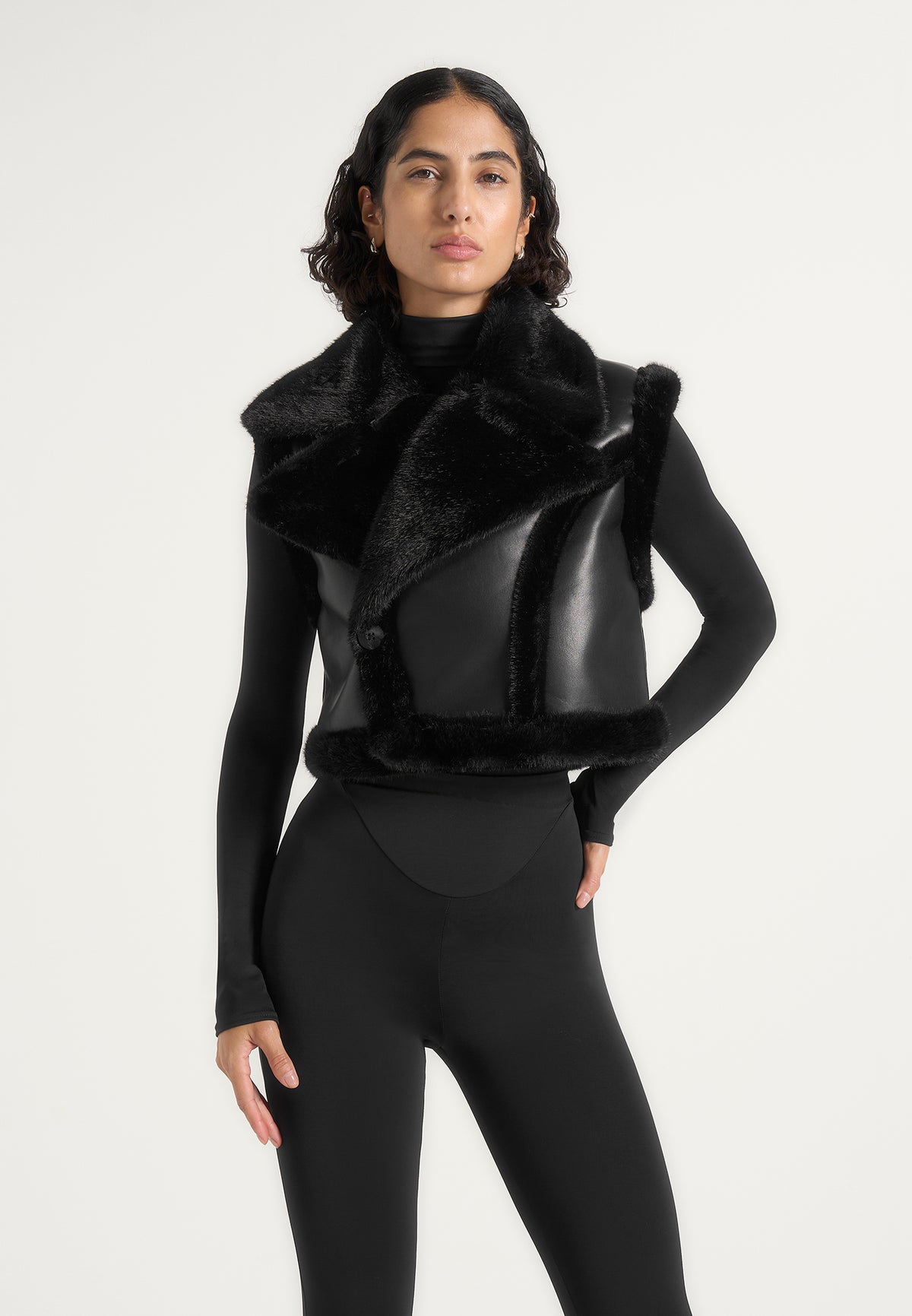 Kena - Leather & Plush 2-in-1 Gilet Jacket - Black