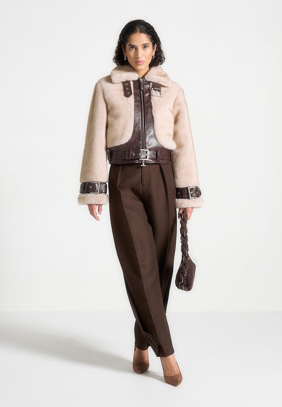Deya - Plush & Leather Belted Jacket - Beige/Brown