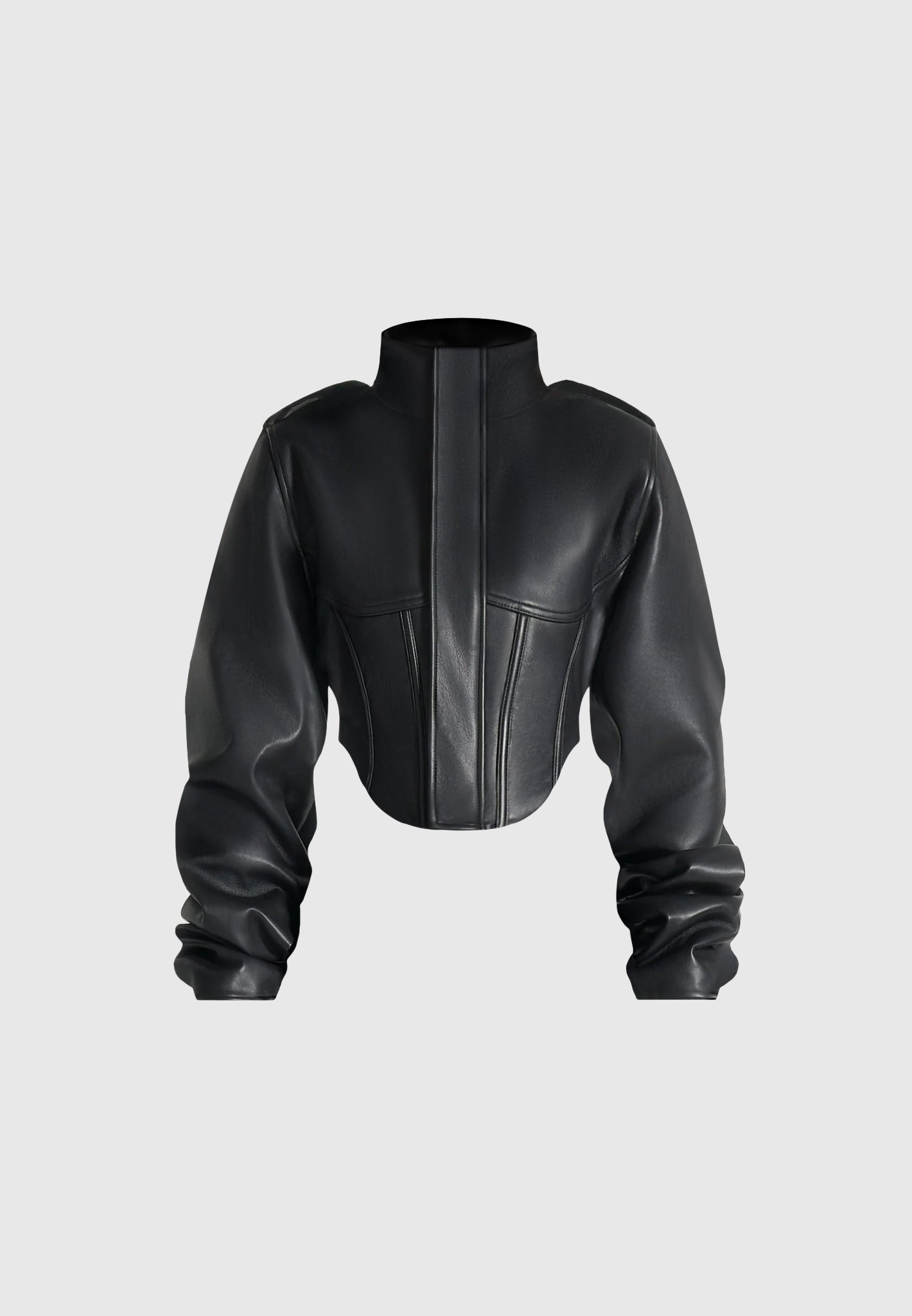 Solange - Leather Tacked Sleeve Corset Jacket - Black