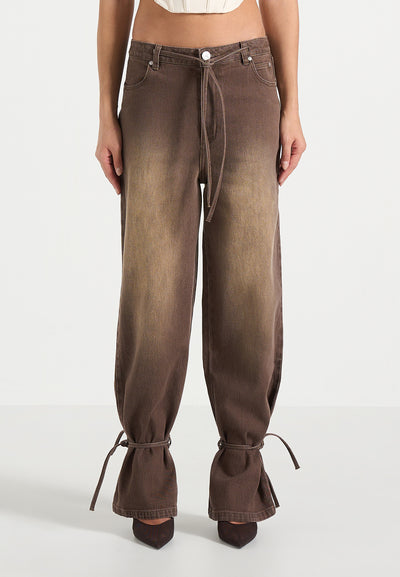 Faye - Wide Mid Rise Jeans With Tie Waist - Brown