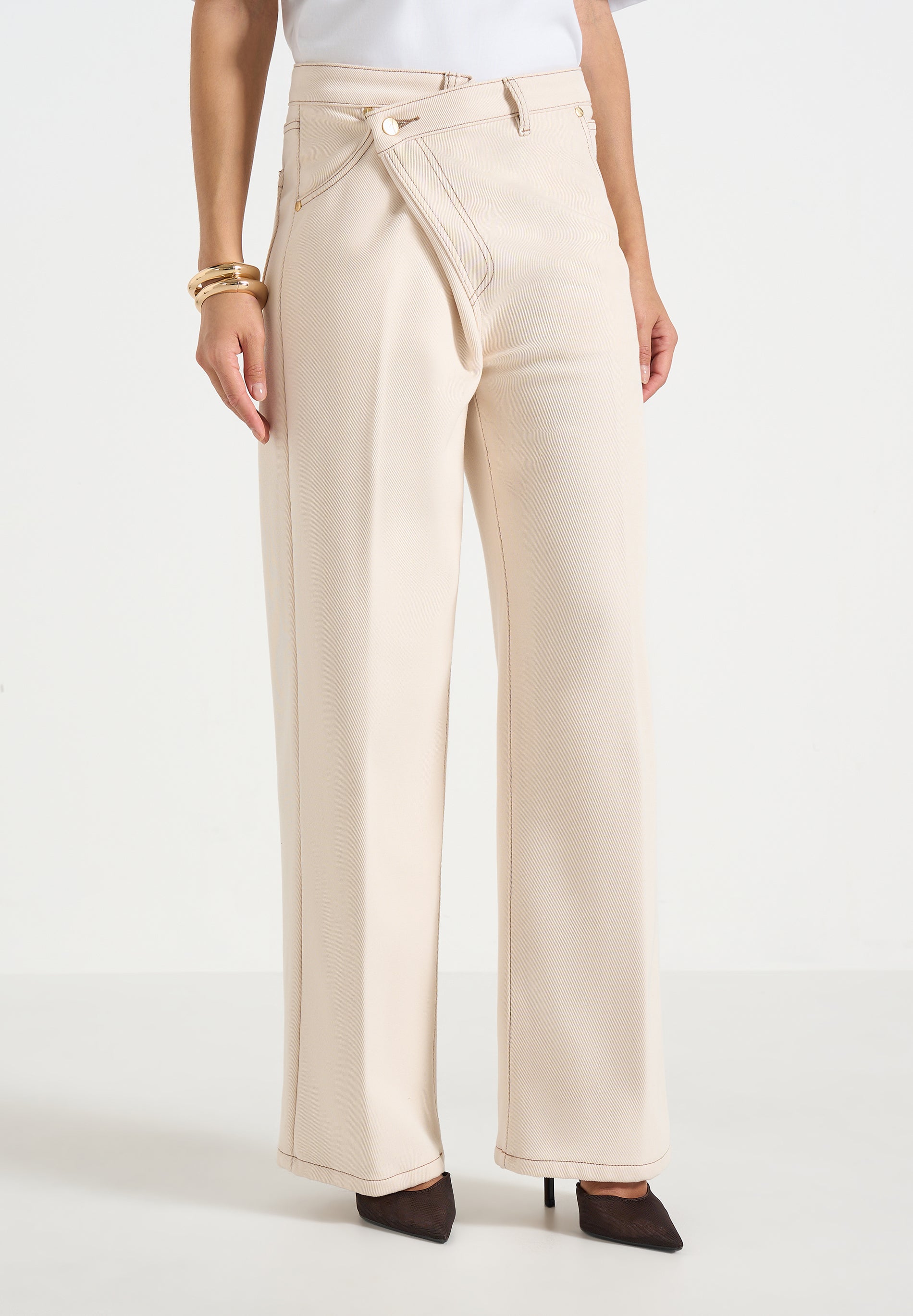 Astrid - Wrapover Wide Leg Jeans - Cream