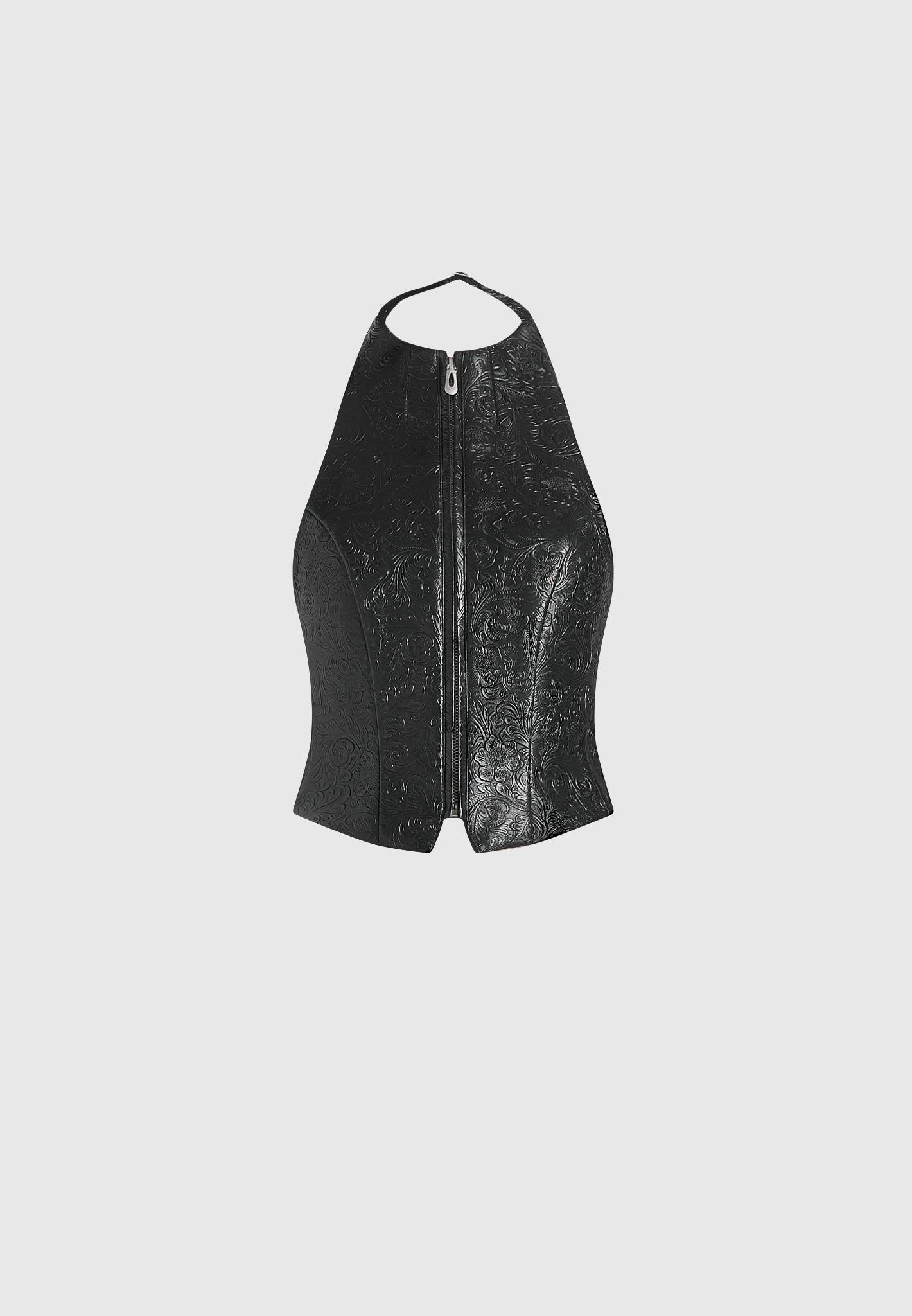 Claudette - Embossed Leather Halterneck Backless Top - Black