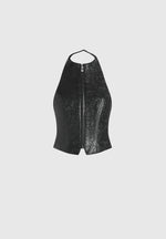 Claudette - Embossed Leather Halterneck Backless Top - Black