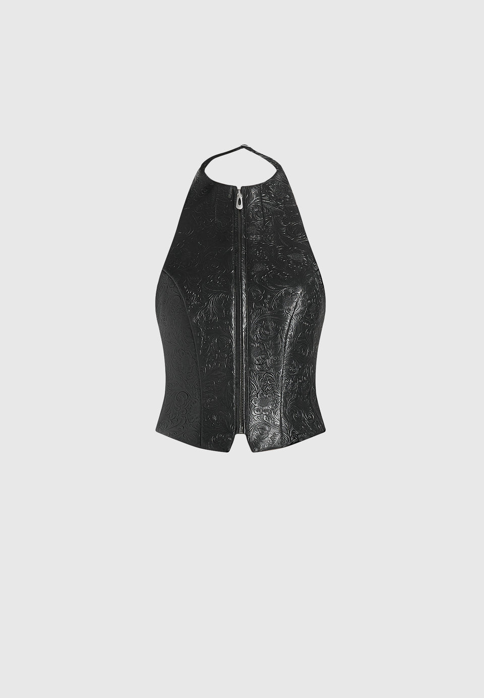 Claudette - Embossed Leather Halterneck Backless Top - Black