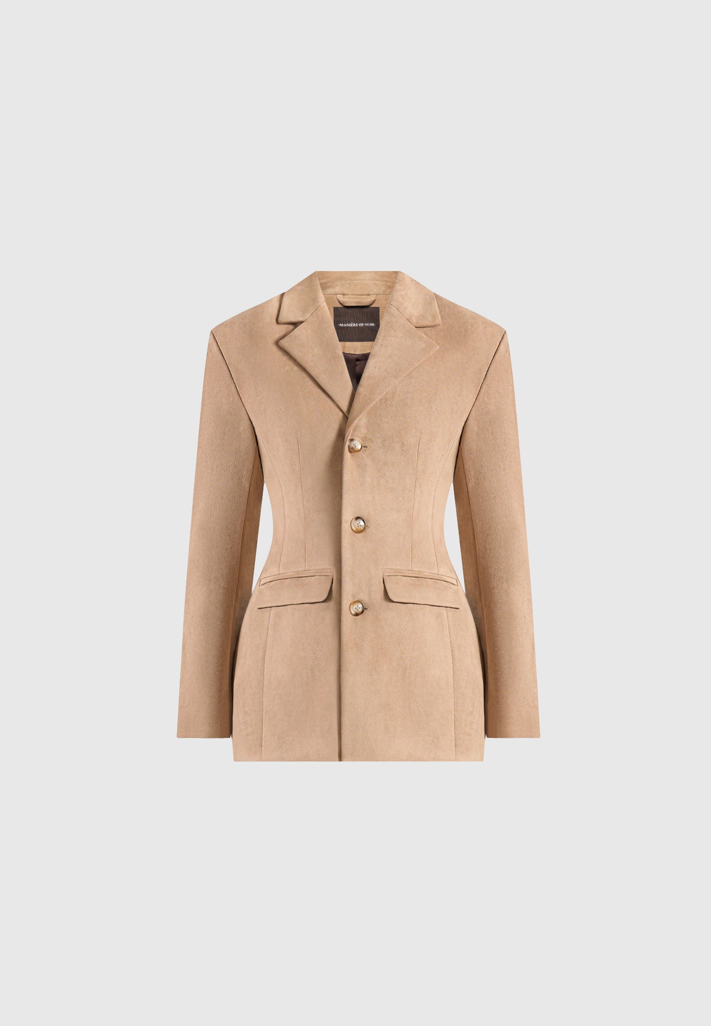 Claire - Suede Wide Shoulder Cinch Waist Blazer - Beige