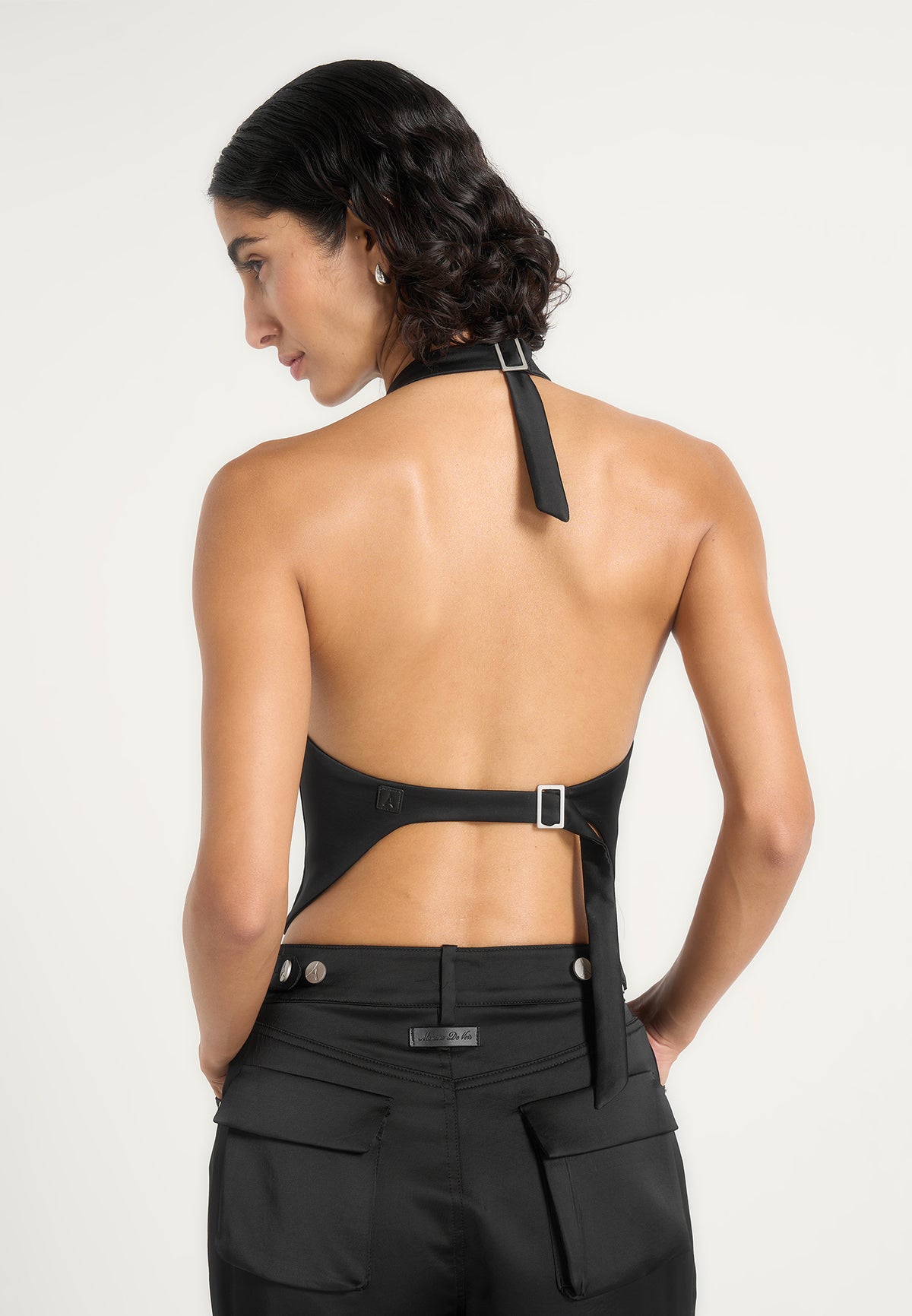 Claudette - Satin Halter Neck Backless Top - Black