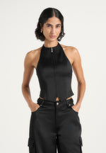 Claudette - Satin Halter Neck Backless Top - Black