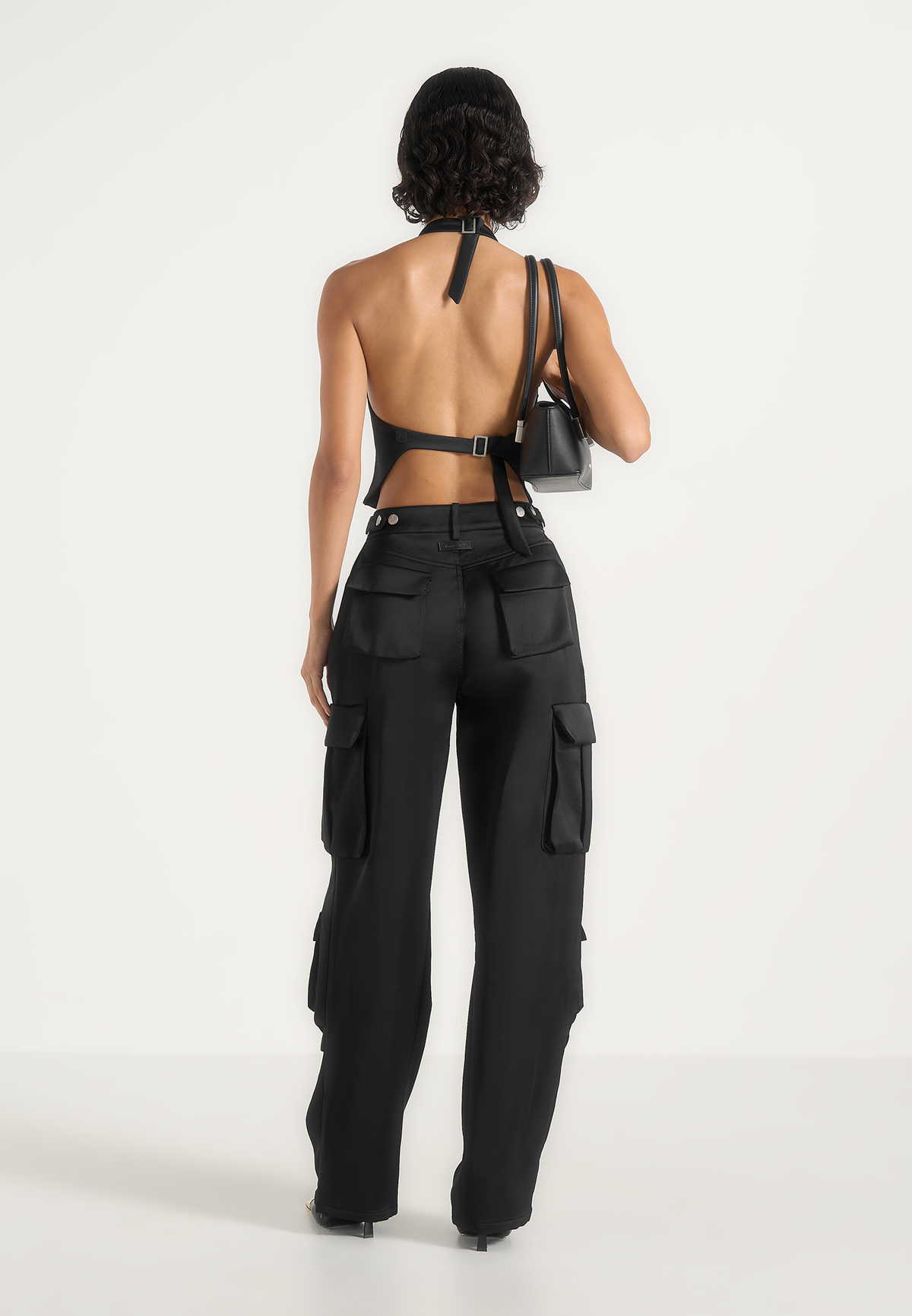 Claudette - Satin Halter Neck Backless Top - Black