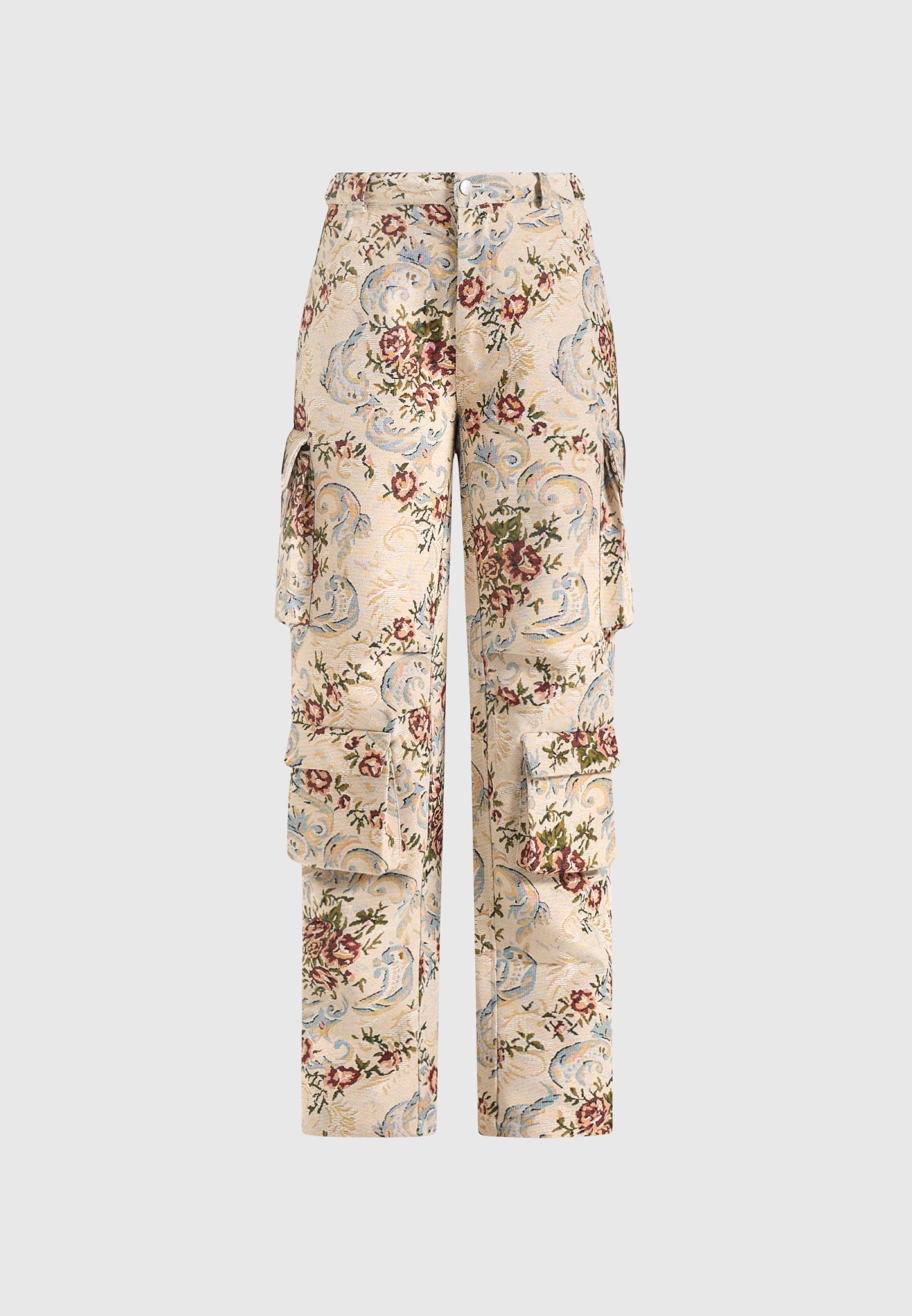 Emilie - High Waisted Tapestry Cargo Pants - Beige