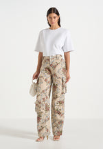 Emilie - High Waisted Tapestry Cargo Pants - Beige
