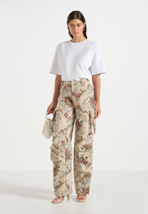 Emilie - High Waisted Tapestry Cargo Pants - Beige