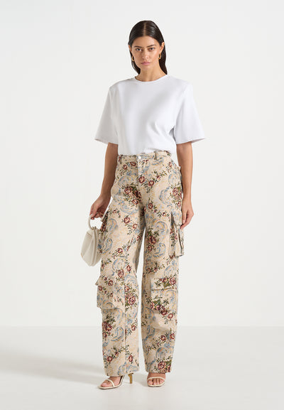 Emilie - High Waisted Tapestry Cargo Pants - Beige