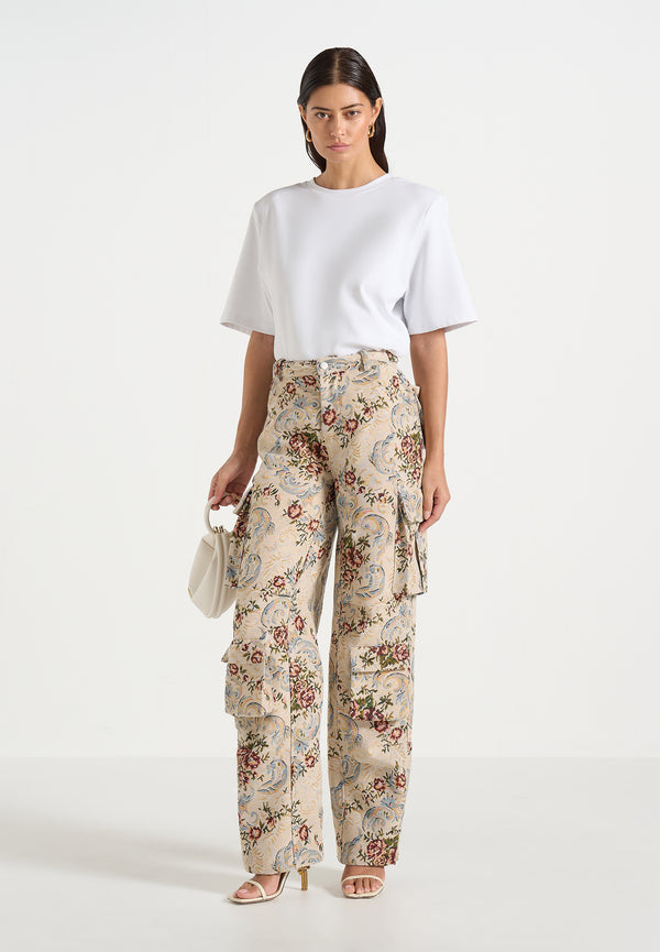 Emilie - High Waisted Tapestry Cargo Pants - Beige