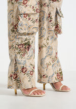 Emilie - High Waisted Tapestry Cargo Pants - Beige