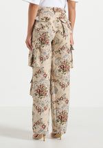 Emilie - High Waisted Tapestry Cargo Pants - Beige