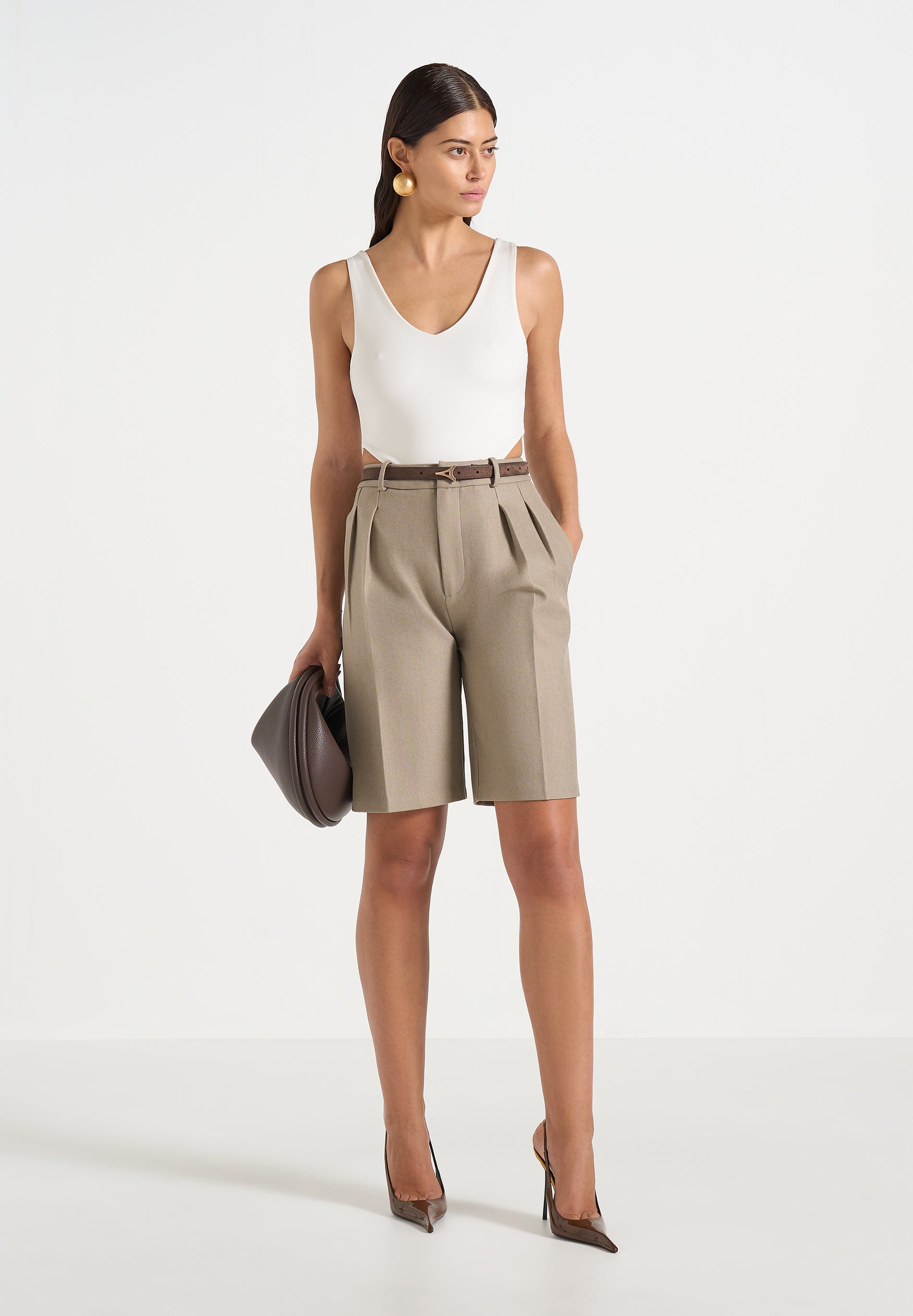 Lorette - Double Pleat Tailored Shorts - Taupe 