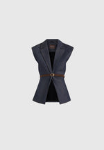 Linda - Wide Shoulder Cinched Denim Waistcoat - Indigo