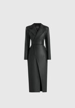 Esma - Leather Asymmetric Coat with Cinch Belt - Black