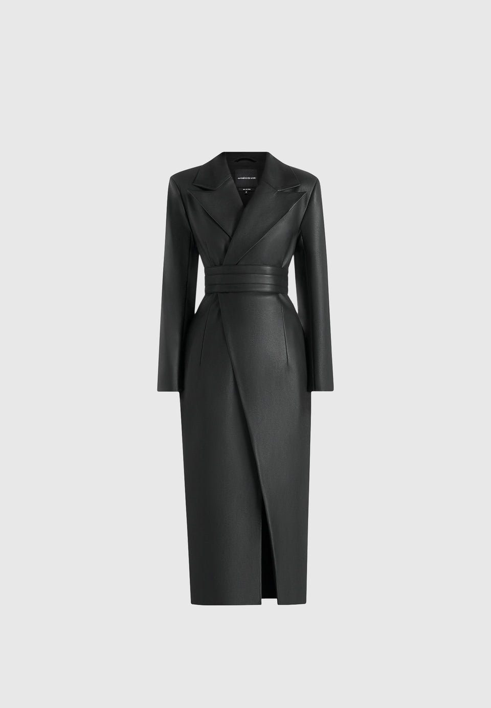 Esma - Leather Asymmetric Coat with Cinch Belt - Black
