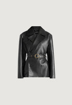 Opal - Belted Leather Blazer Jacket - Black