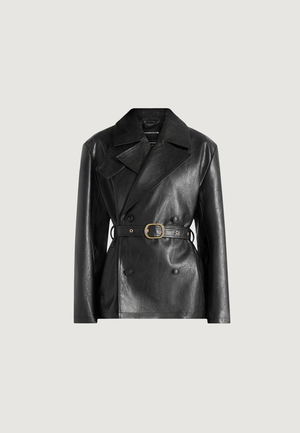 Opal - Belted Leather Blazer Jacket - Black