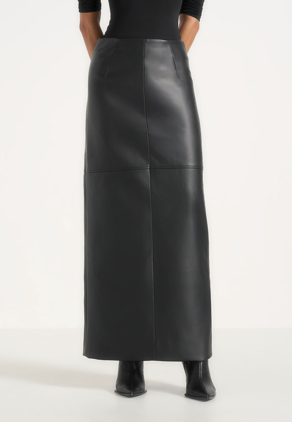 Stevie - Smooth Leather Maxi Skirt - Black