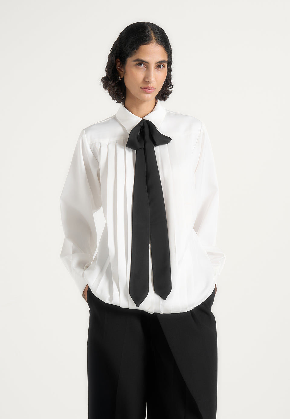 Hanelle - Satin Tie Neck Pleated Shirt - White