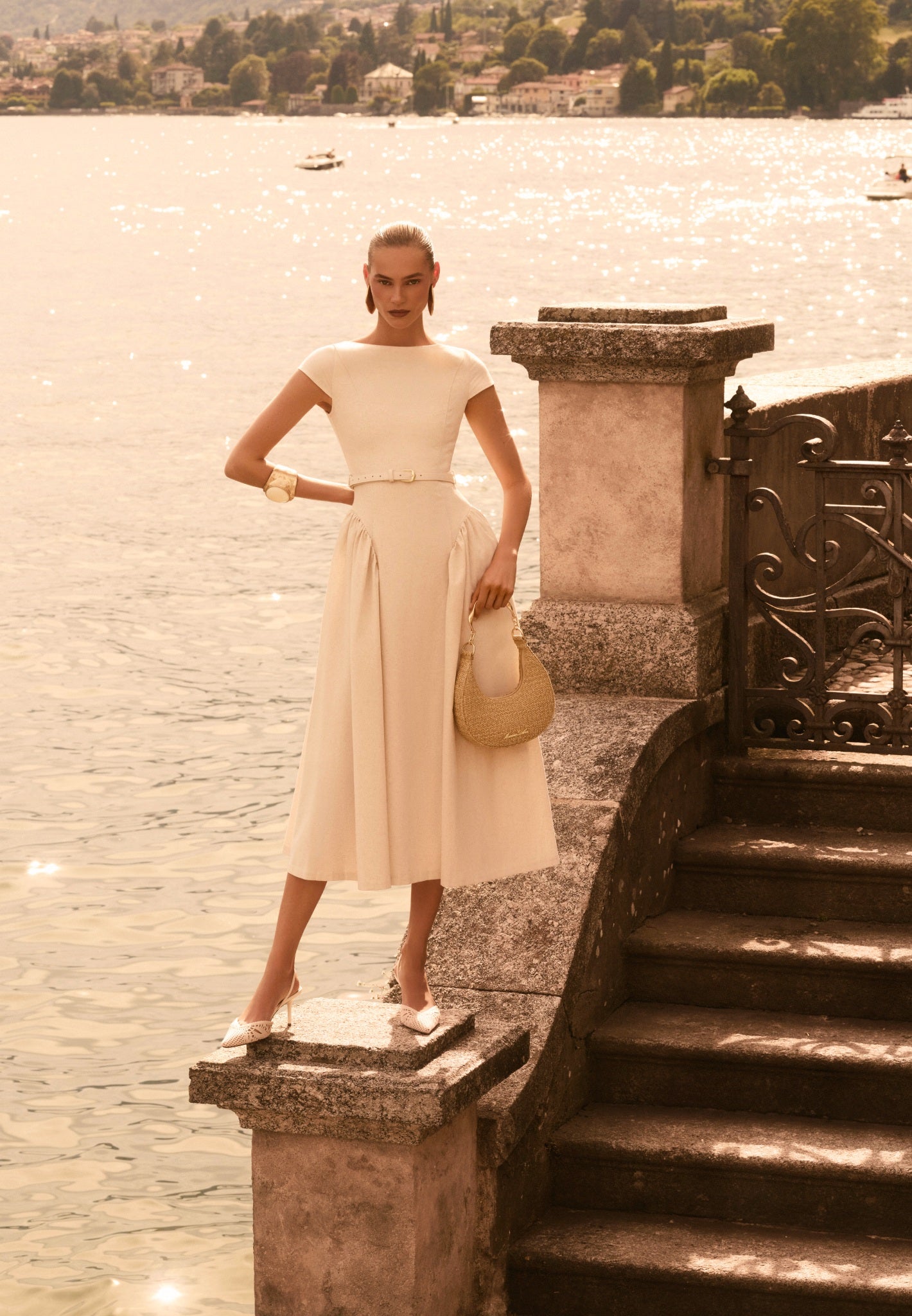 Gaia - Linen Boat Neck Belted Pleated Midi Dress - Natural