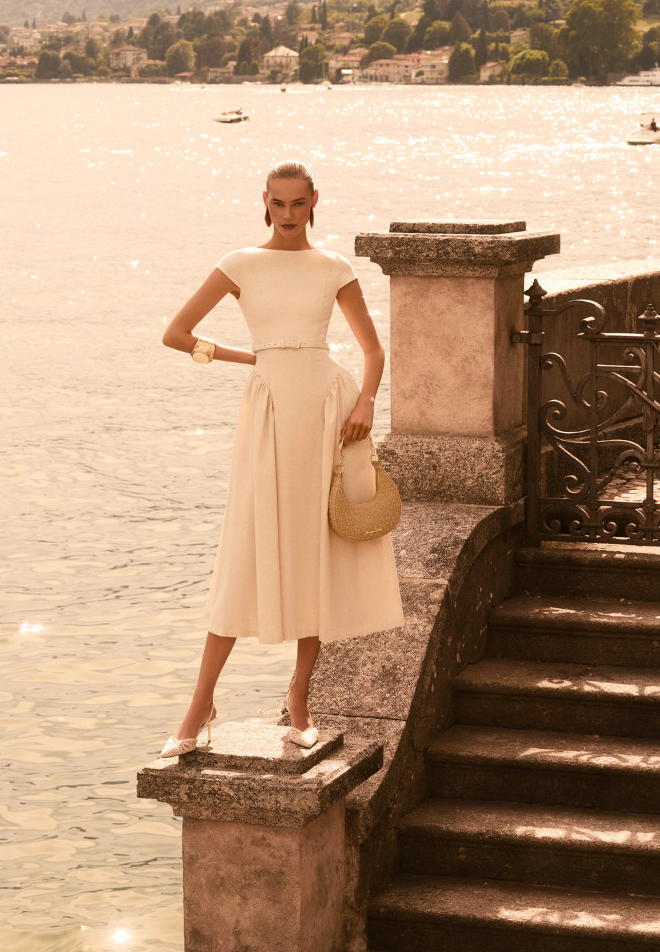 Gaia - Linen Boat Neck Belted Pleated Midi Dress - Natural