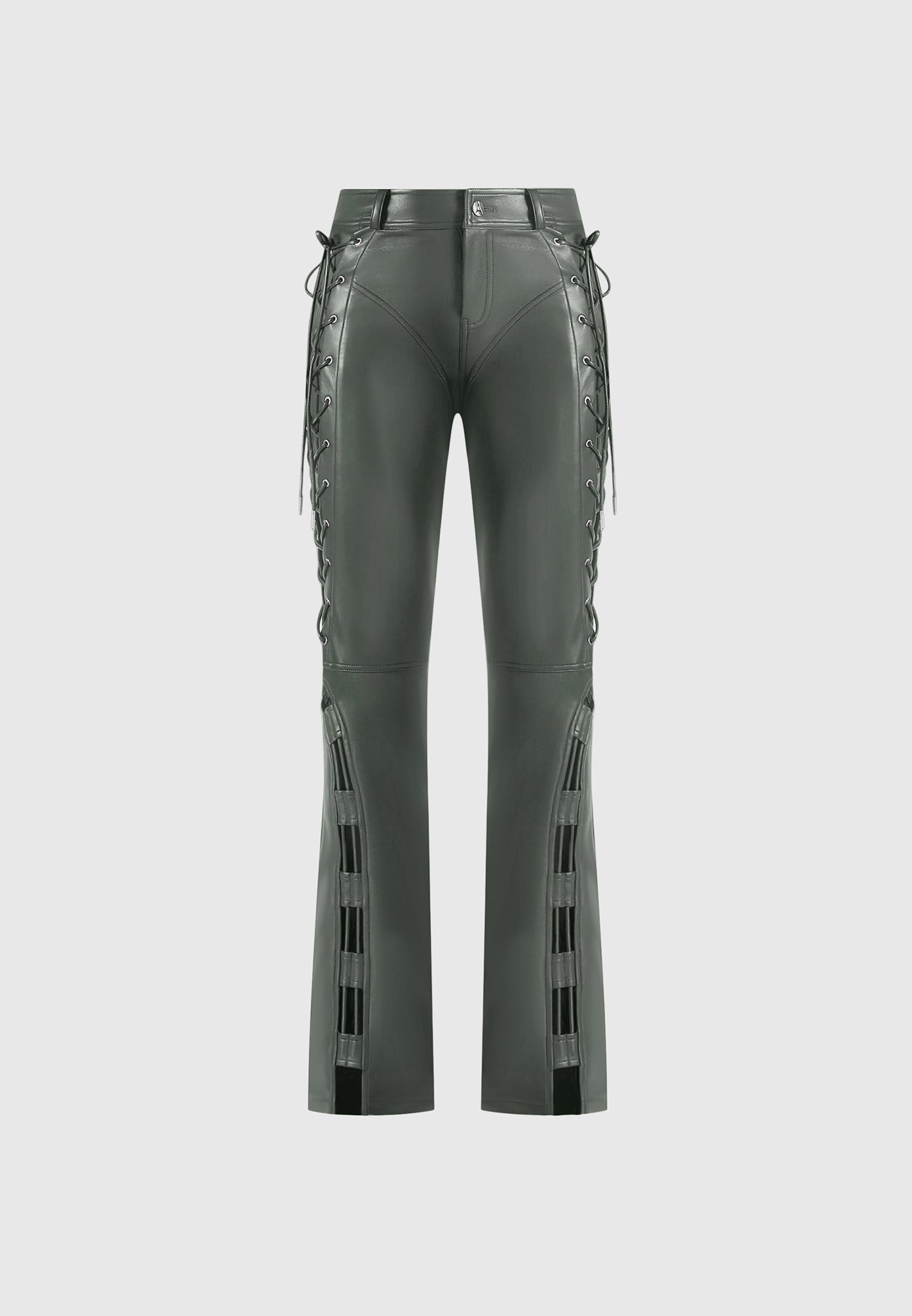 Ambre - Leather Lace Up Flared Trousers - Olive