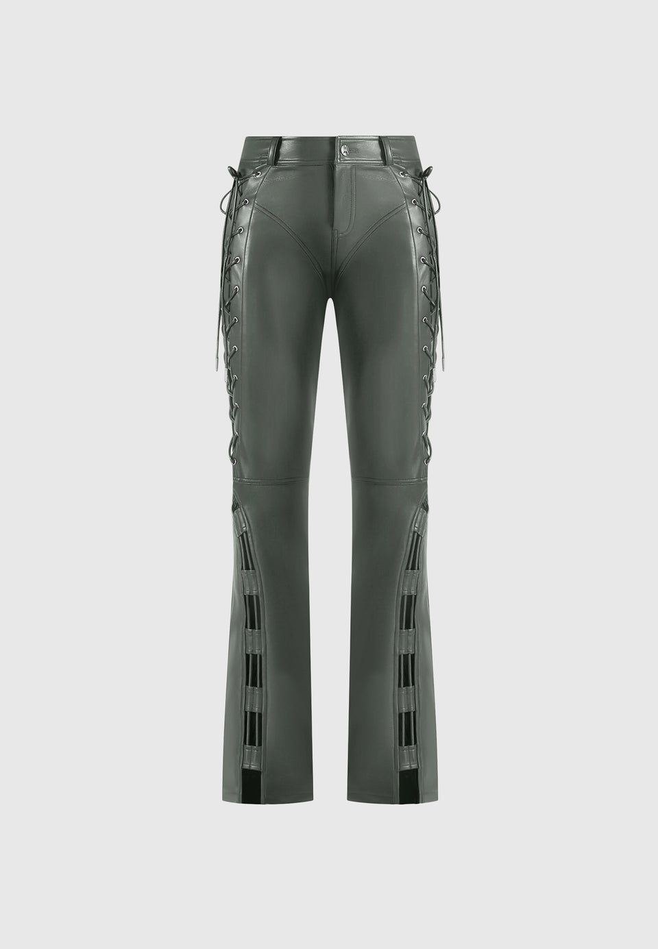 Ambre - Vegan Leather Lace Up Flared Trousers - Olive