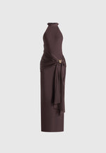 Willow - Halter Neck Clasp Detail Satin Sash Maxi Dress - Brown