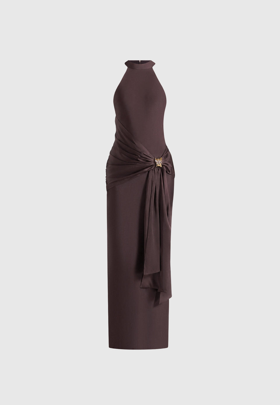 Willow - Halter Neck Clasp Detail Satin Sash Maxi Dress - Brown