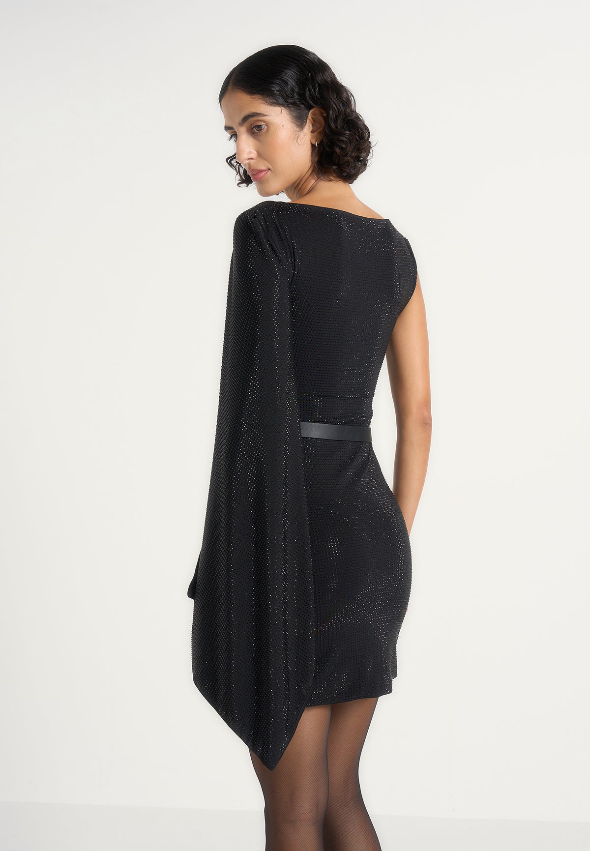 Chana - Embellished Drape Cape Mini Dress - Black