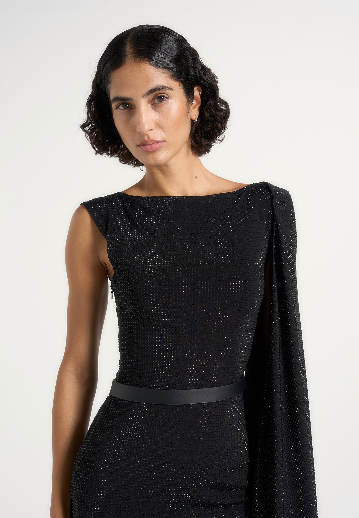 Chana - Embellished Drape Cape Mini Dress - Black
