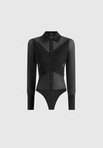 Canelle - Sheer Crossover Shirt Bodysuit - Black