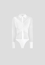 Canelle - Sheer Crossover Shirt Bodysuit – White