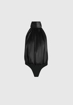 Phoebe - Satin Tie-Neck Blouson Open Back Bodysuit - Black