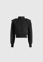 Delfina - Suede Layered-Shoulder Cropped Bomber Jacket - Black