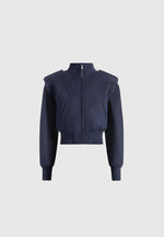 Delfina - Suede Layered-Shoulder Cropped Bomber Jacket - Navy