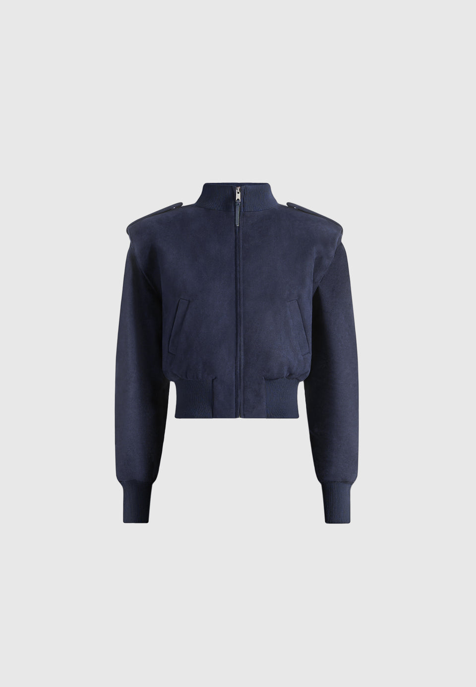 Delfina - Suede Layered-Shoulder Cropped Bomber Jacket - Navy