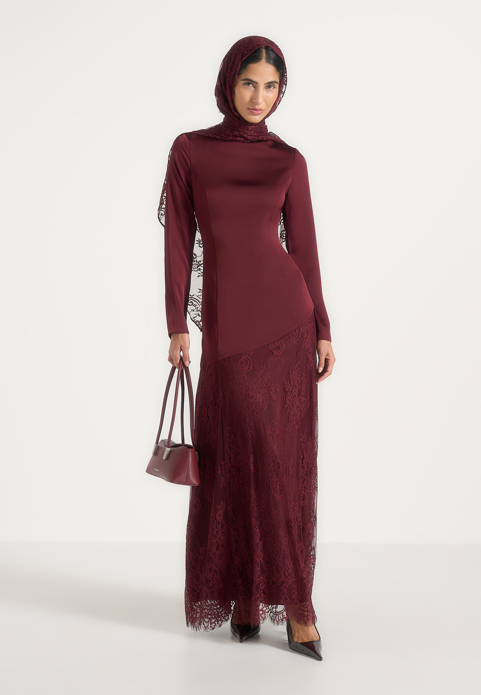 Miriam - Asymmetric Satin & Lace Maxi Dress With Lace Scarf - Wine Red
