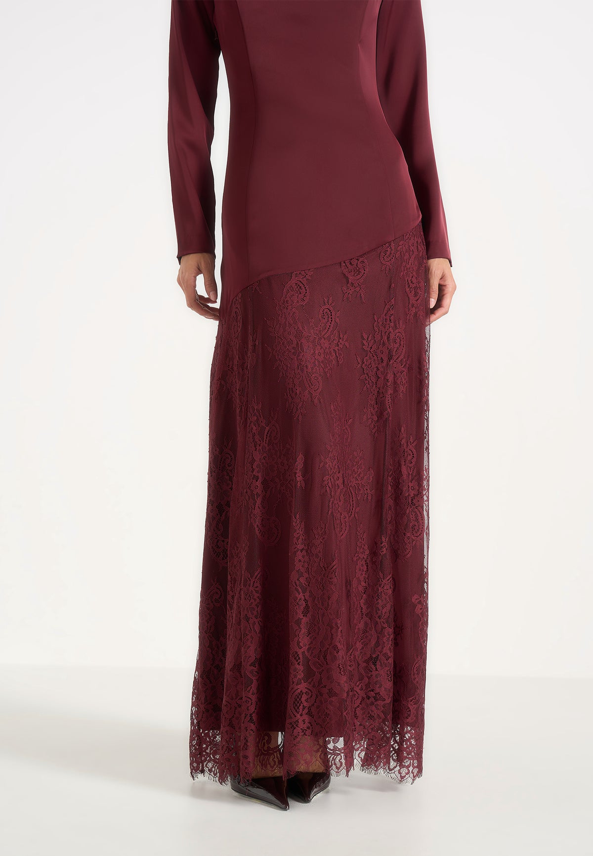 Miriam - Asymmetric Satin & Lace Maxi Dress With Lace Scarf - Wine Red