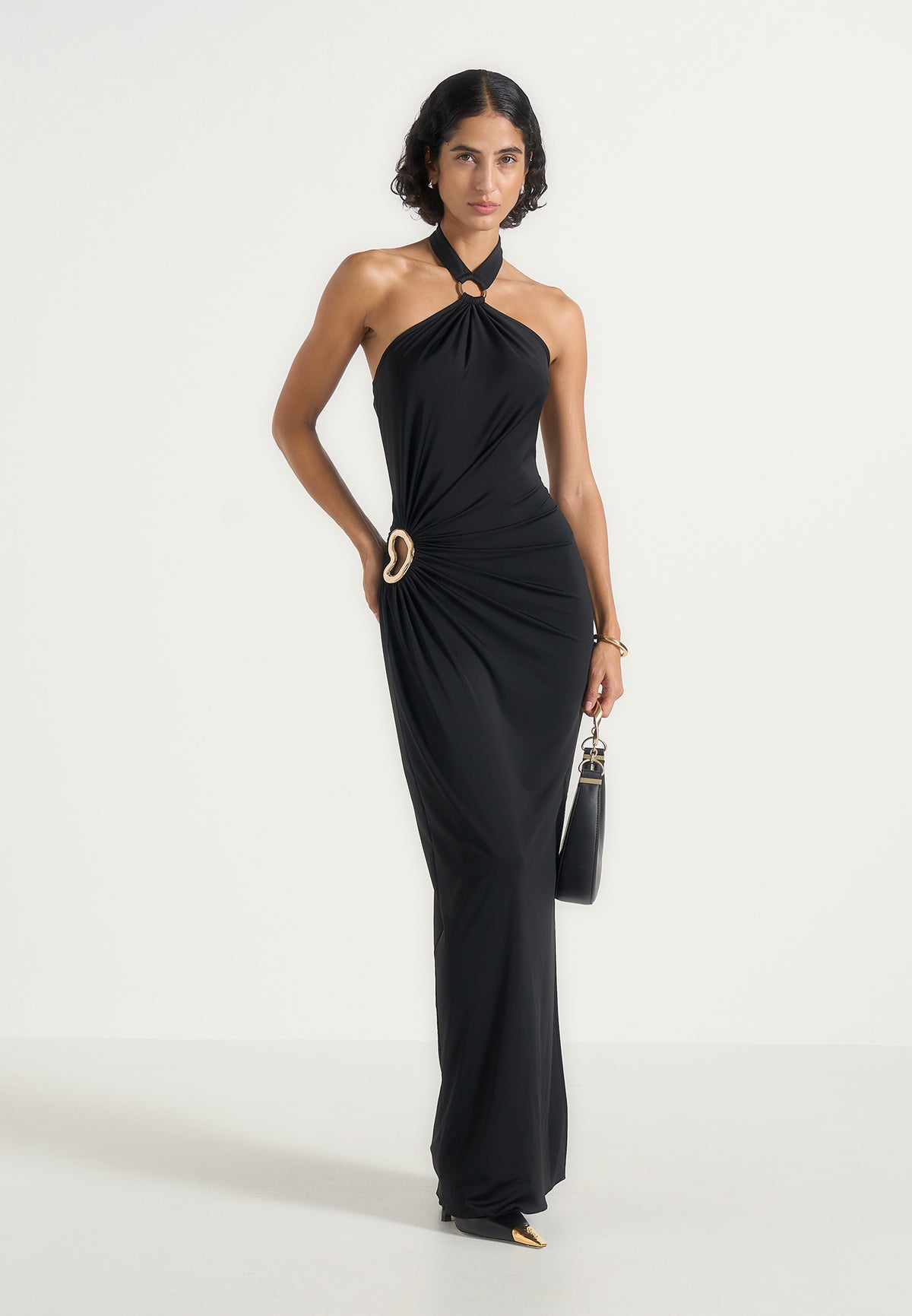 Amalia - Halter Neck Ruched Hip Hardware Maxi Dress - Black