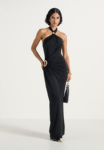 Amalia - Halter Neck Ruched Hip Hardware Maxi Dress - Black